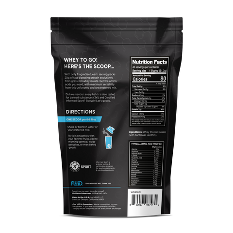 Back of 100% Whey Protein Isolate bag from Fluid Sports Nutrition, Unflavored