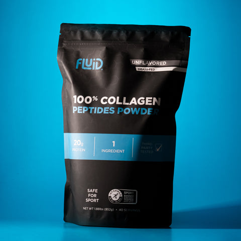 Bag of Fluid 100% Collagen Peptides Powder on a blue background