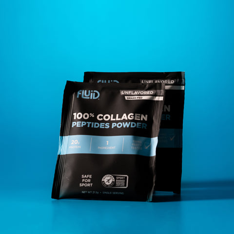 Package of Fluid 100% Collagen Peptides Powder on a blue background