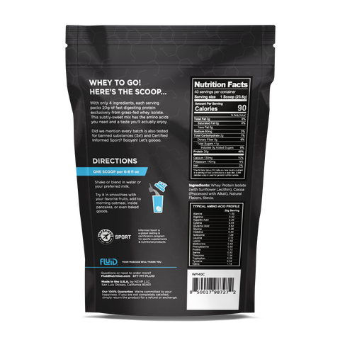 Back of 100% Whey Protein Isolate bag from Fluid Sports Nutrition, Chocolate Flavor