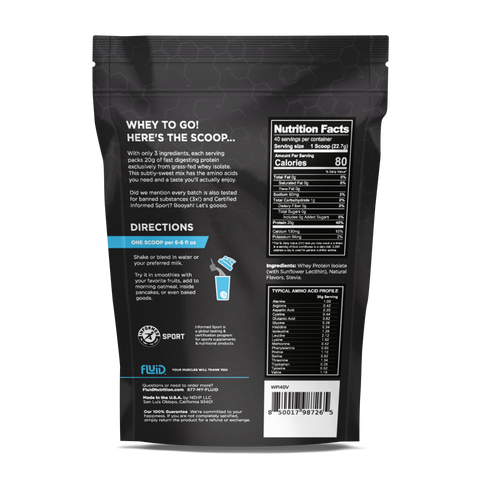 Back of 100% Whey Protein Isolate bag from Fluid Sports Nutrition, Vanilla Flavor