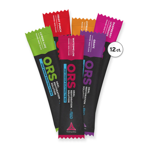 Pack of ORS oral rehydration solution packets in various flavors on a white background
