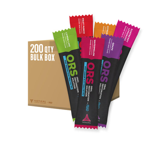 OR'S Oral Rehydration Solution packets with a bulk box on a white background