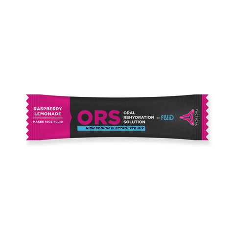 ORS Oral Rehydration Solution package in raspberry lemonade flavor on a white background