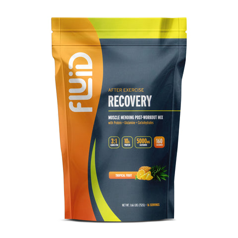 Fluid After Exercise Recovery package with orange, yellow, and blue design on a white background