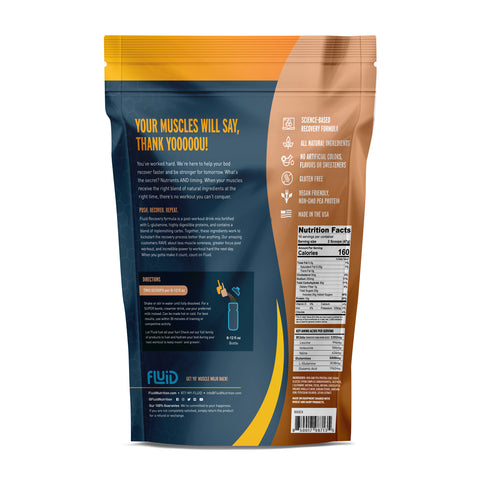 Back view of a protein powder package with text and branding on a white background