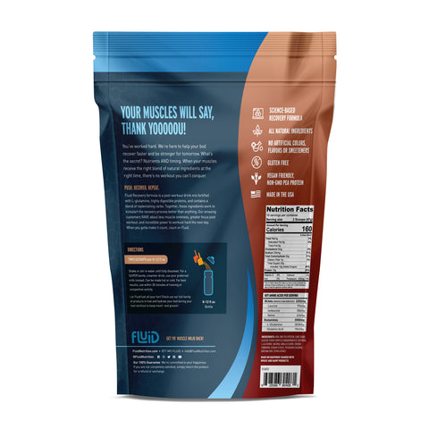 Back view of a protein powder package with blue and brown design, featuring text and branding.