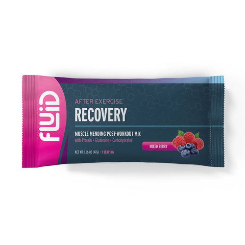 Fluid Recovery mix package with mixed berry flavor on a white background