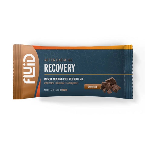 Chocolate-flavored recovery mix package on a white background