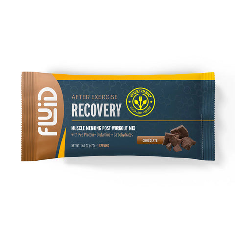 Chocolate recovery mix package with 'Fluid' branding on a white background