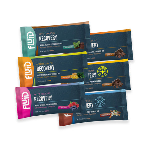 Five packets of Fluid After Exercise Recovery Mix on a white background