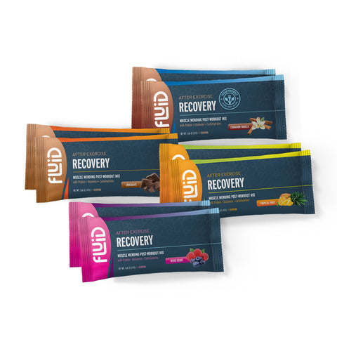 Four packets of Fluid After Exercise Recovery Mix on a white background