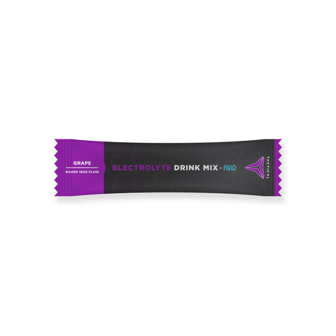Electrolyte drink mix packet with purple and black design on a white background