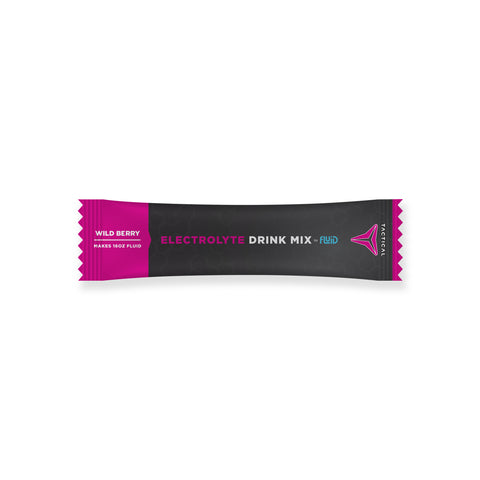 Electrolyte drink mix packet with pink and black design on a white background