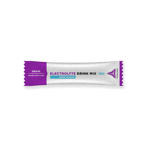 Electrolyte drink mix package with grape flavor on a white background
