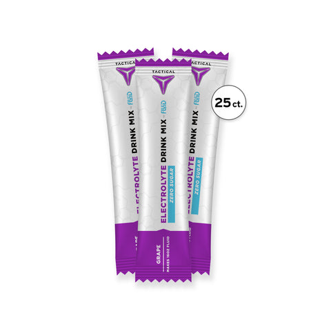 Three packets of Tactical Food Supply Electrolyte Drink Mix with purple and white packaging on a white background.