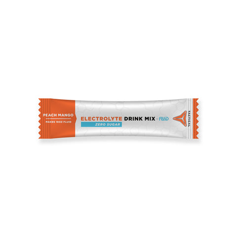 Electrolyte drink mix packet with peach mango flavor on a white background