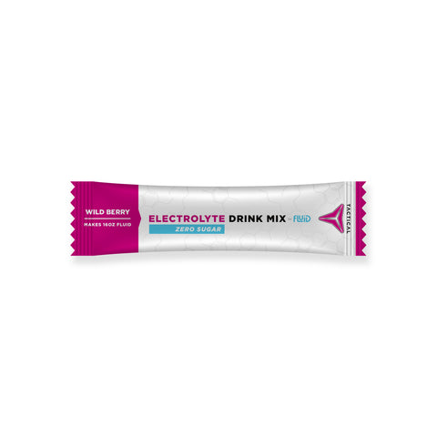 Electrolyte drink mix packet with wild berry flavor on a white background