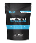 Fluid 100% Whey Protein Isolate package with black and blue design on a white background