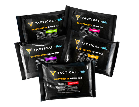 Packets of Tactical Fluid Electrolyte Drink Mix on a white background