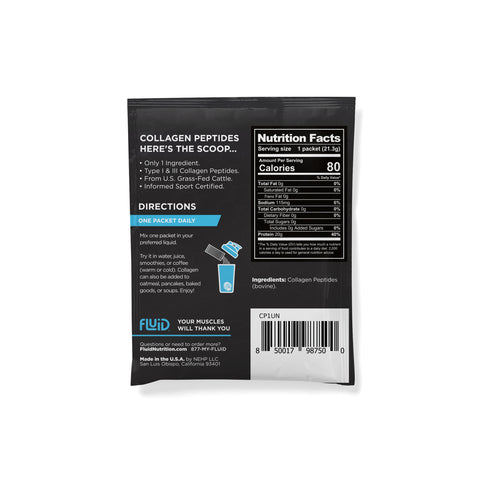 Back of a collagen peptides package with text and nutrition facts on a white background