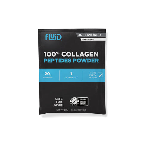 Black and blue package of Fluid 100% Collagen Peptides Powder on a white background