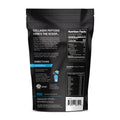 Back view of a black collagen peptides packaging with text and nutrition facts.