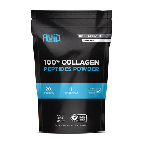 Black and blue package of Fluid 100% Collagen Peptides Powder on a white background