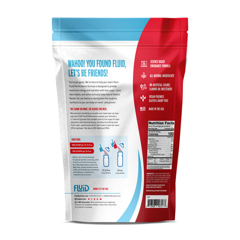 Red and white packaging of Fluid with text and branding on a white background
