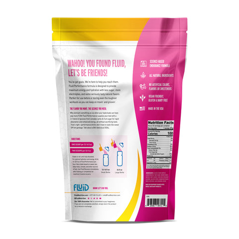 Fluid energy drink mix package with white, pink, and yellow design on a white background