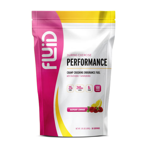 Fluid Performance supplement package with raspberry lemonade flavor on a white background