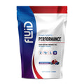 Fluid Performance supplement package with blue, red, and white design on a white background
