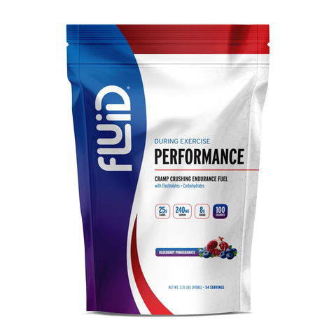 Fluid Performance supplement package with blue, red, and white design on a white background