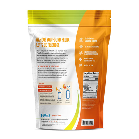 Fluid sports drink mix package with branding and nutritional information on a white background