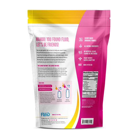 Fluid supplement package with pink and yellow design on a white background