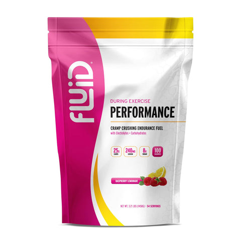 Fluid Performance supplement package with pink and yellow design on a white background
