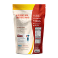Back view of a protein powder package with branding and nutritional information.