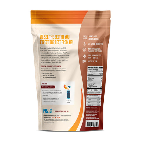 Protein powder package with branding and nutritional information on a white background