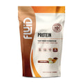 Protein powder package with 'fluid' branding on a white background