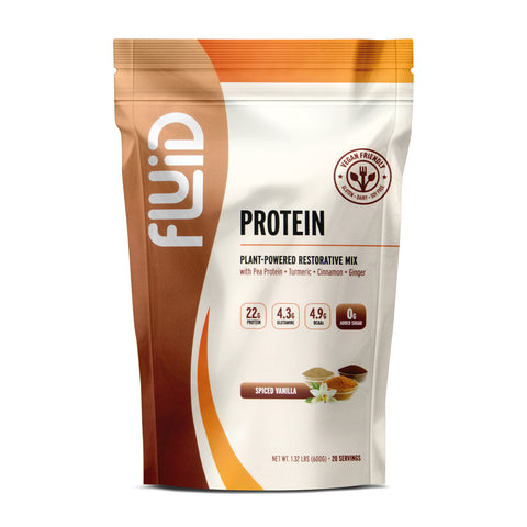 Protein powder package with 'fluid' branding on a white background