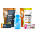 Collection of Fluid sports nutrition products including a water bottle and packets for Try Fluid Package