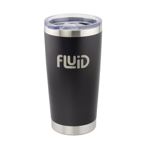 Black drink tumbler with silver Fluid logo