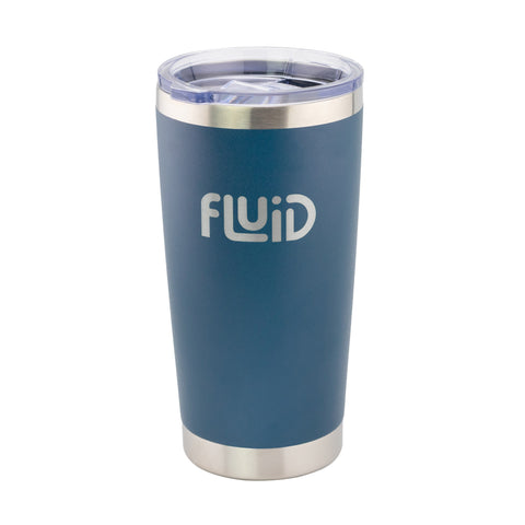 Navy blue drink tumbler with silver Fluid logo