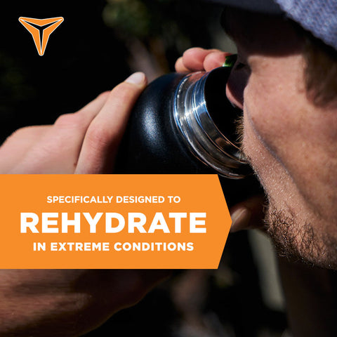 Man drinks from water bottle. Caption reads "Specifically designed to rehydrate in extreme conditions."