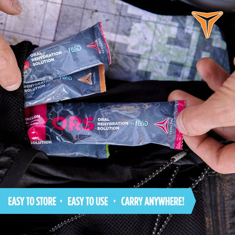 Person pulls out Fluid Tactical ORS (Oral Rehydration Solution) from a backpack pocket. Caption reads "Easy to store, easy to use, carry anywhere!"